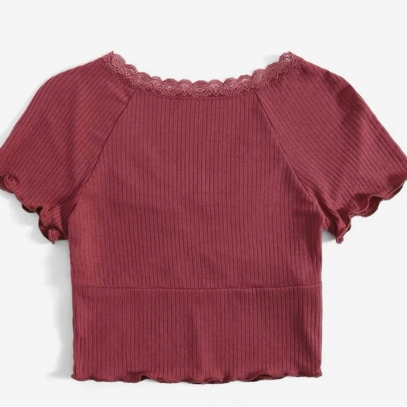 Ribbed Knit Cropped Tee with Lace - Picture 2 of 4